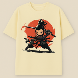 Light yellow oversized cotton t‑shirt with Samurai graphic print