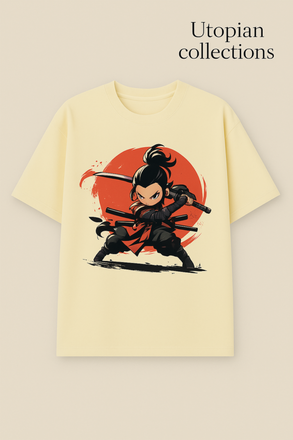 Light yellow oversized cotton t‑shirt with Samurai graphic print