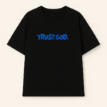 Black oversized cotton t‑shirt with Trust God print on front
