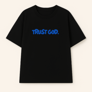 Black oversized cotton t‑shirt with Trust God print on front