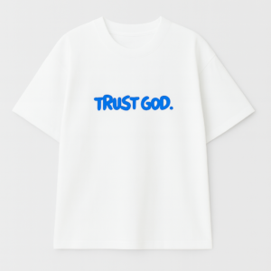 White oversized cotton t‑shirt with Trust God print on front
