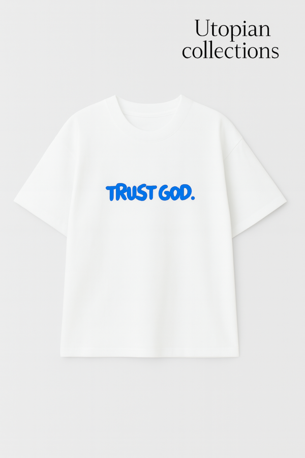 White oversized cotton t‑shirt with Trust God print on front